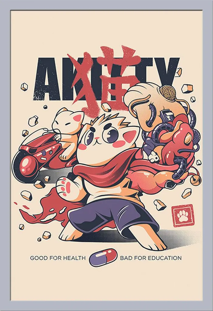 Ilustrata Poster Akitty con Cornice Shinsuke Maxi MDF Argento 61x91,5