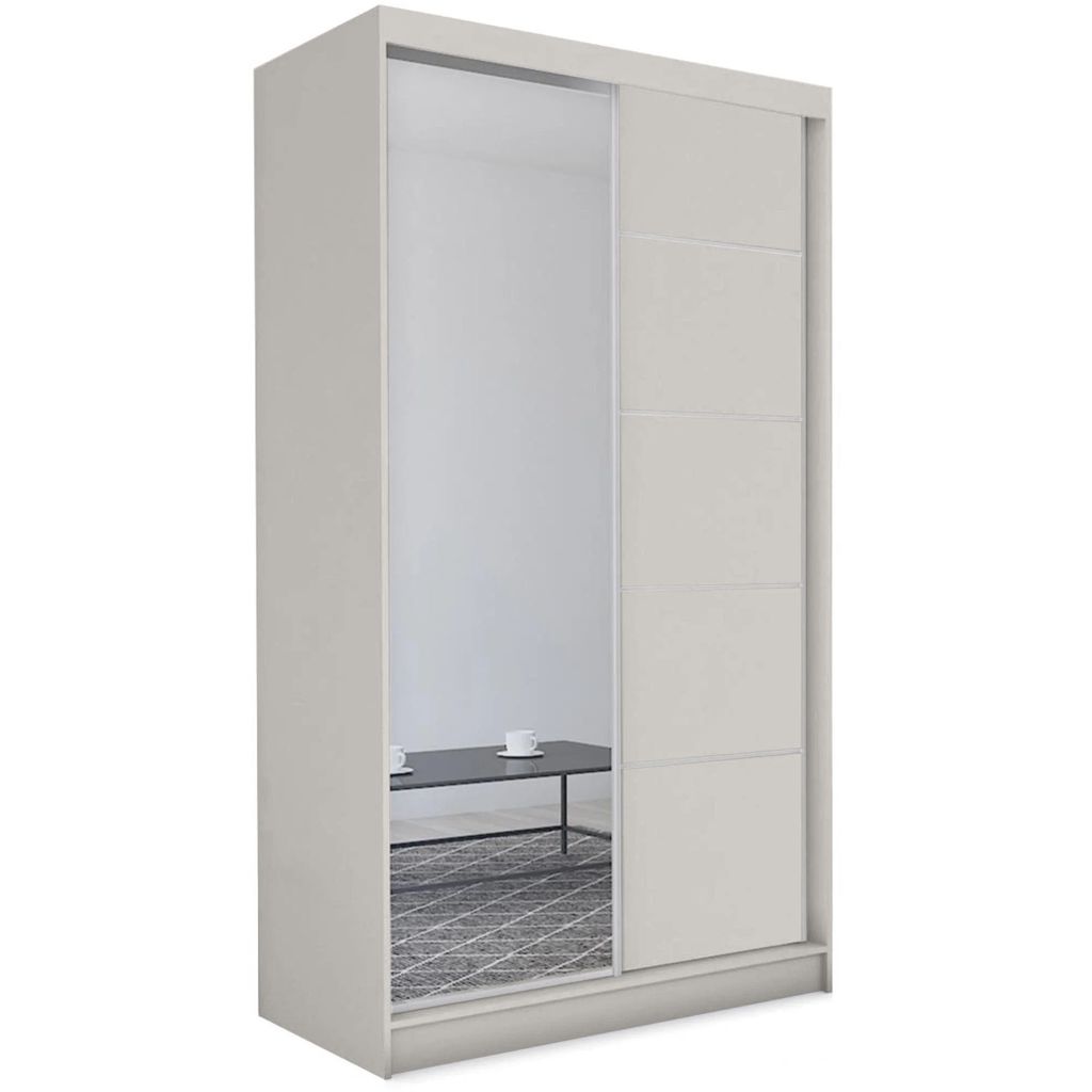Schwebetürenschrank MARIKA II 120 cm – Kleiderschrank mit Schubladen, Spiegel & Schiebetüren (Kaschmir)