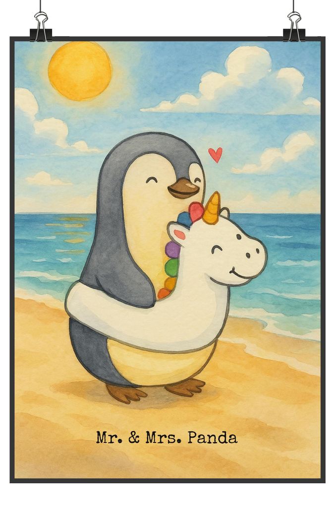 Mr. & Mrs. Panda Bild Pinguin Schwimmring Design DIN A3 - Weiß - Geschenk, drucke, Sommer, Plakat, Wandbild, wanddeko, Kunstdruck