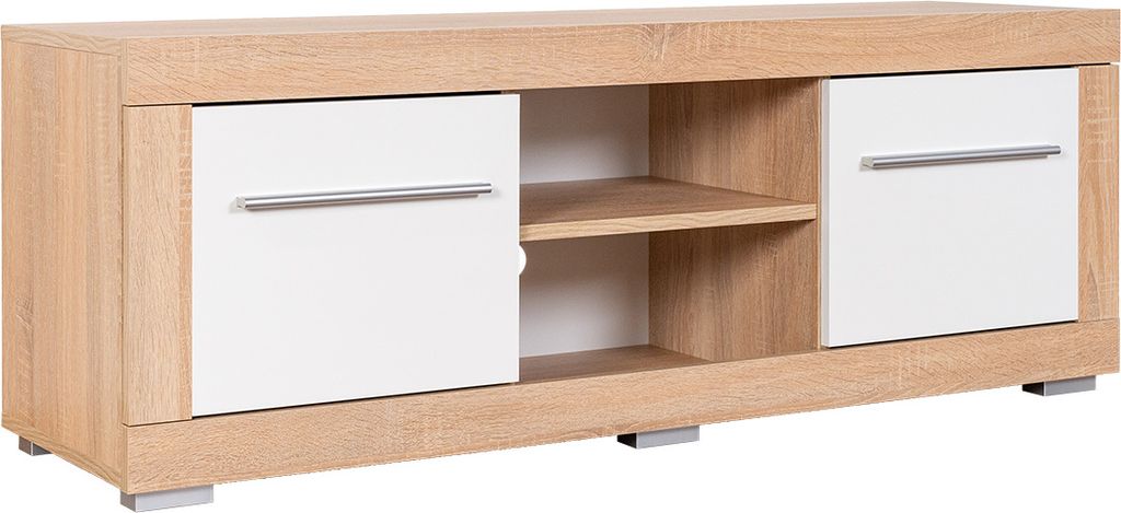 TV-Unterschrank Madryn 06, Farbe: Eiche Sonoma / Weiß Hochglanz - 50 x 138 x 40 cm (H x B x T)