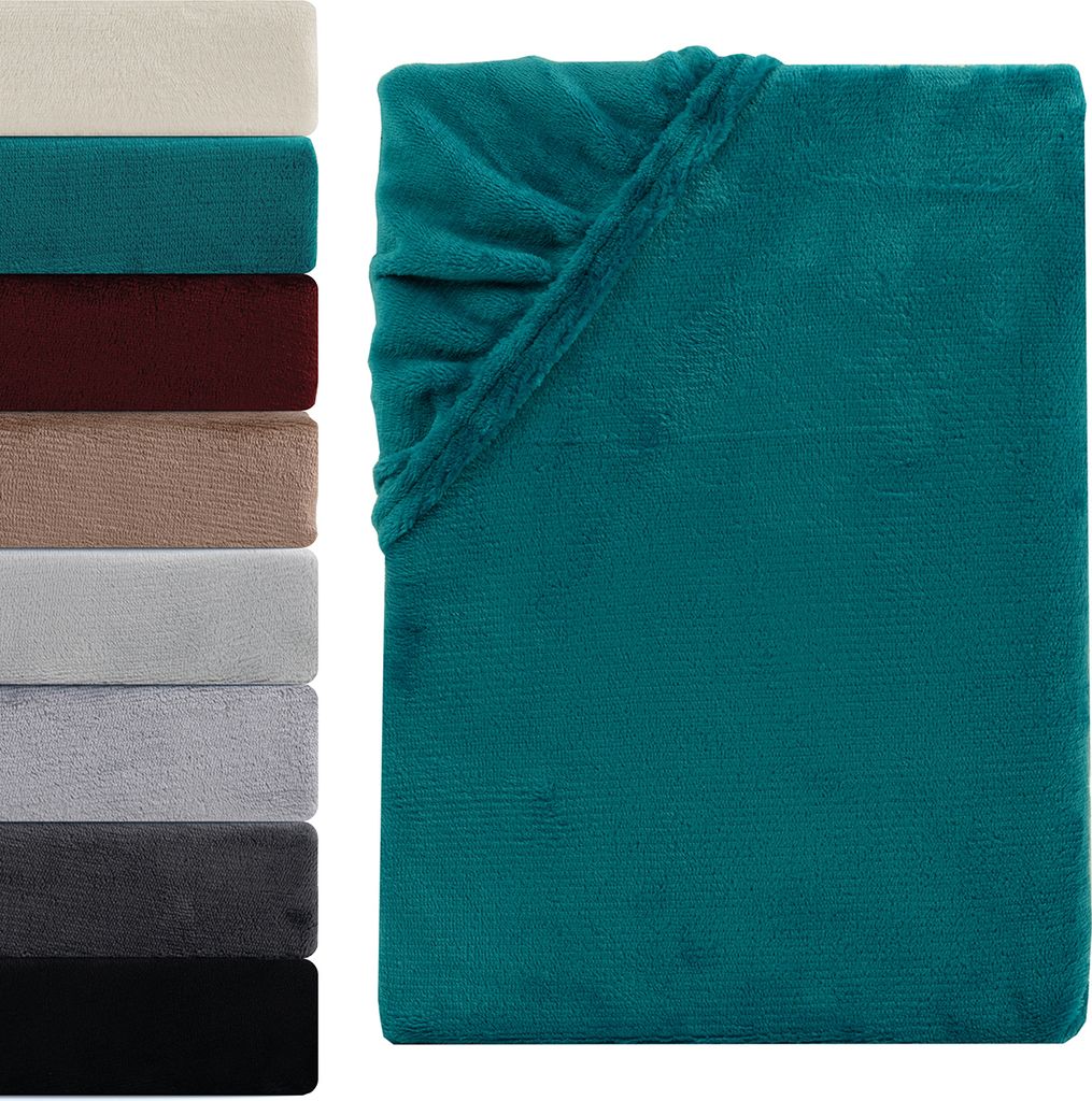 A stack of folded blankets in various colors is shown on the left, with a single teal blanket prominently displayed on the right.