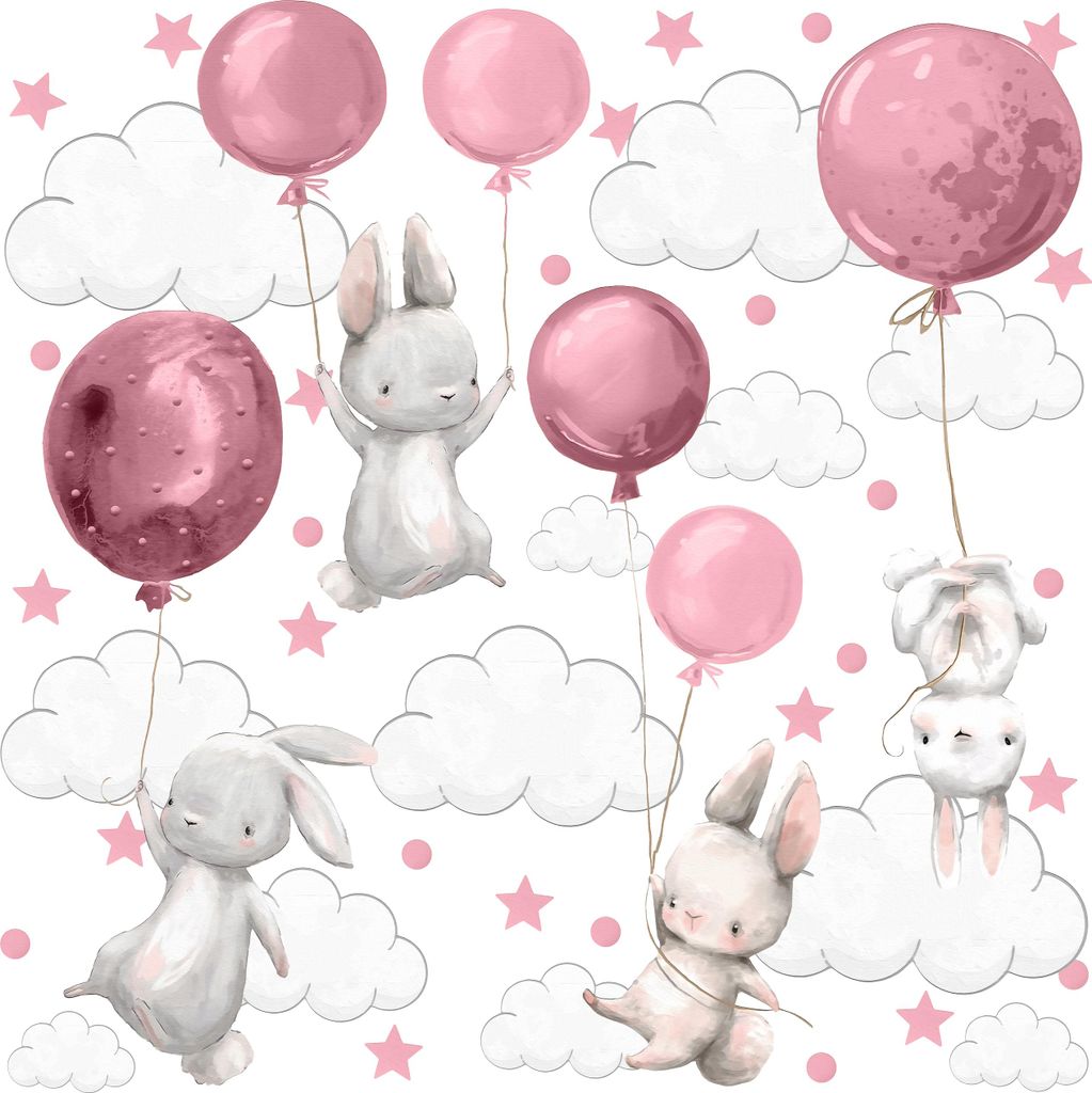Muralo Wandaufkleber Set für Kinderzimmer KANINCHEN Hasen Wolken Sterne Ballons 60x30 cm