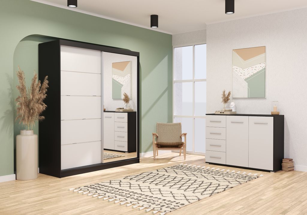 Schwebetürenschrank Kleiderschrank Schrank 183 cm mit einem Spiegel Kommode 135 cm zweitürig mit Schubladen Schwarz/Weiß Bella 03 /Frida 01 2er-Set