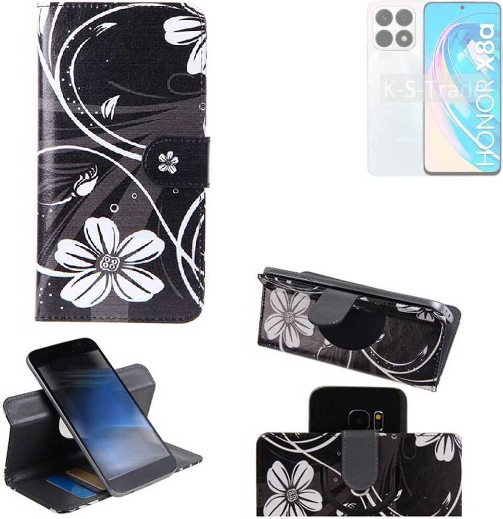 K-S-Trade Schutzhülle Handyhülle kompatibel mit Honor X8a 5G Hülle 360° Wallet Case “Flowers“ Klapphülle Hülle schwarz-weiß 1x