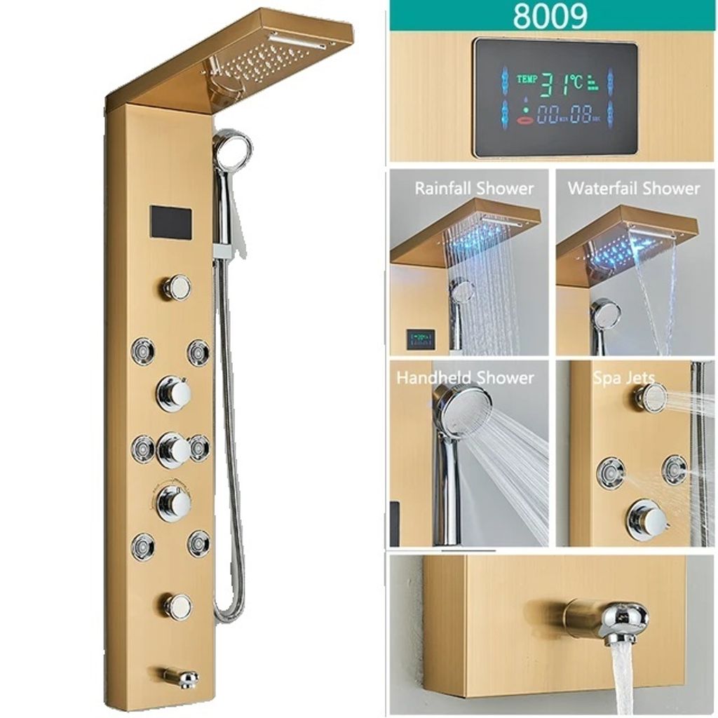 LED Duscharmatur, Temperaturanzeige, Körpermassagesystem, Gold 8009