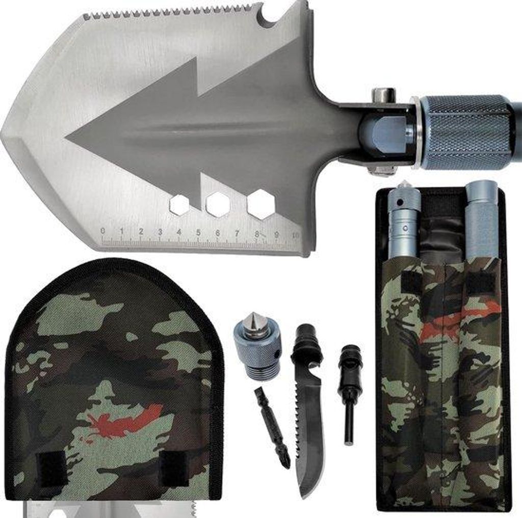 Übersetzter Multifunktions-Schaufel - Überlebens-Schaufel für Outdoor & Survival - Edelstahl mit Säge, Messer, Feuerstein & mehr - kompakte Üb...