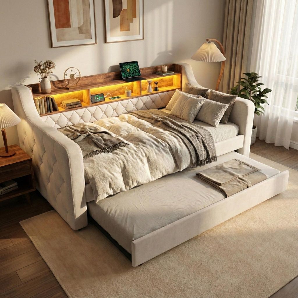 LVHOM Tagesbett ausziehbar 90x190cm mit Stauraum, USB und LED, Schlafsofa mit Ausziehbett, Samt Daybed mit Lattenrost, Daybett mit Knopfheftung, Beige