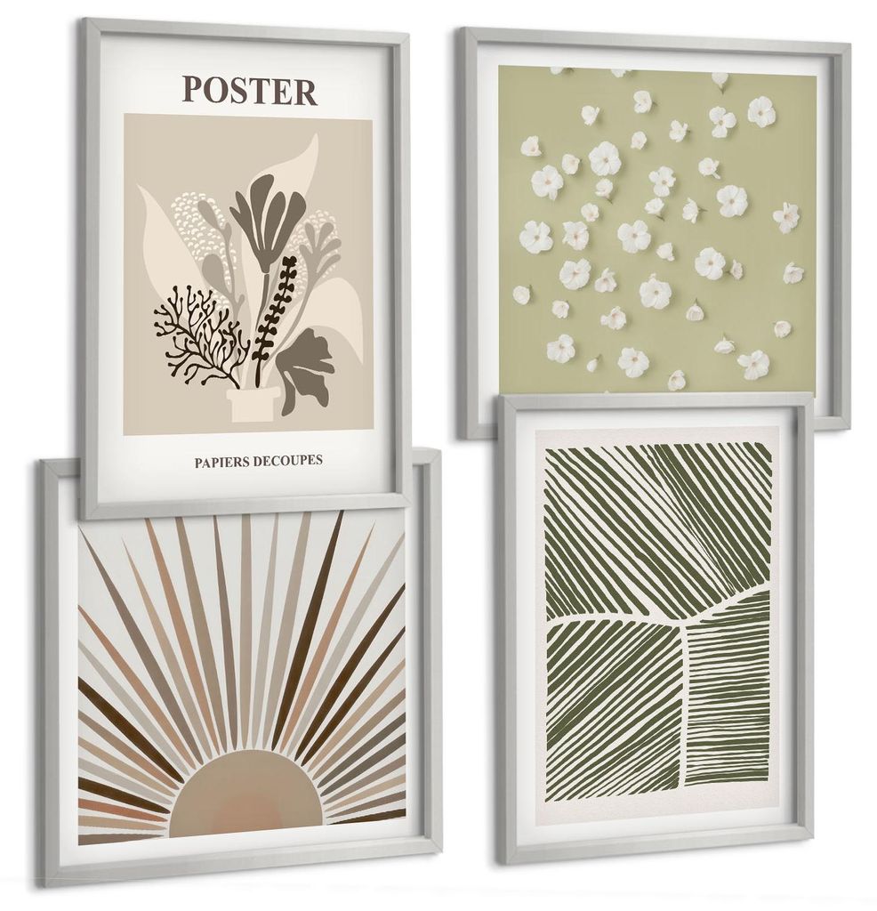 Bilder Set 4-teilig im silbergerahmten Rahmen – Wandbilder 4 Stück – gerahmte Poster für Wohnzimmer, Schlafzimmer und Flur – 50x50 cm - 40x...