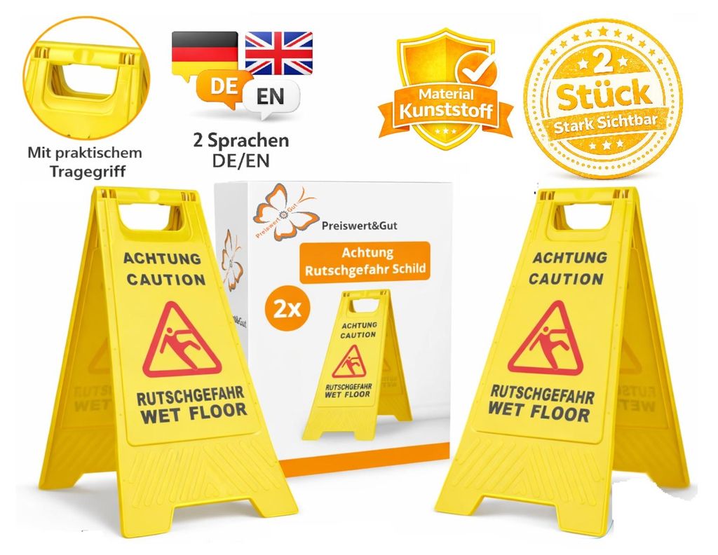 2 x Achtung Rutschgefahr Schild 60 cm x 21/30 cm – Warnschild für Nässe und Glätte Vorsicht Rutschgefahr Aufsteller