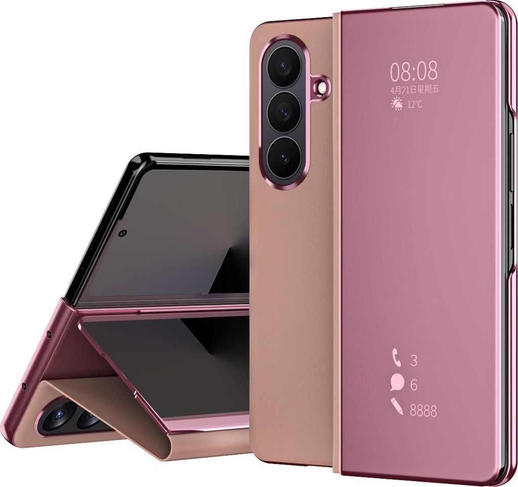 Hülle für Samsung Galaxy Z Fold 7 Lichtdurchlässigen Spiegel Abdeckung, Klappetui Ständer Kunstleder Schutzhülle Pink