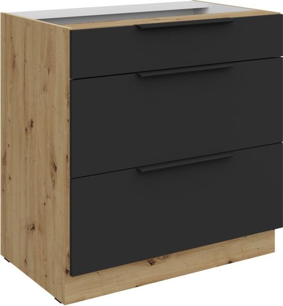 LUNARA Unterschrank mit Schubladen – Breite 80 cm, Schwarz/Eiche (Artisan).