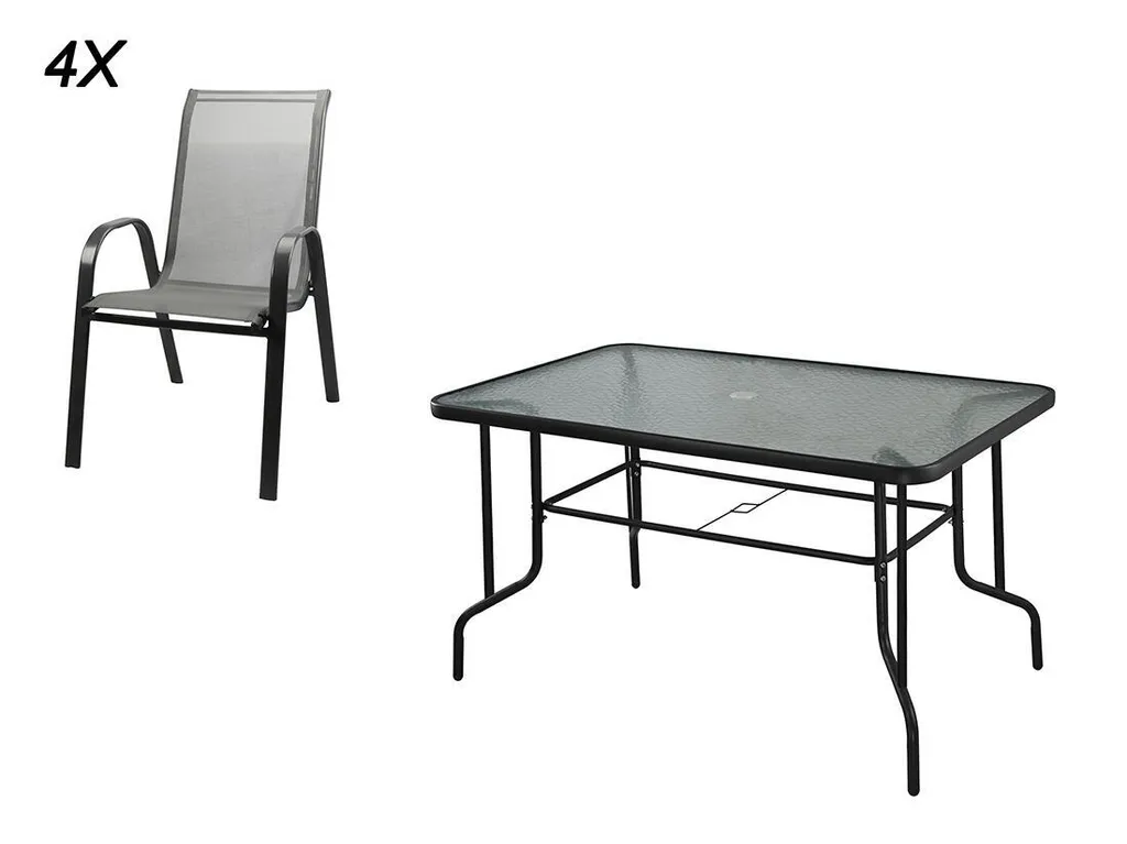 Salon de jardin robuste acier et verre noir avec 4 chaises confort