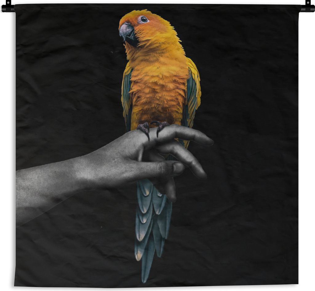 MuchoWow Wandteppich Wandbehang Vogel - Papagei - Hand - Gelb 150x150 cm Tapisserie Dekoration Wandtuch - Wohnaccessoires - Modernes
