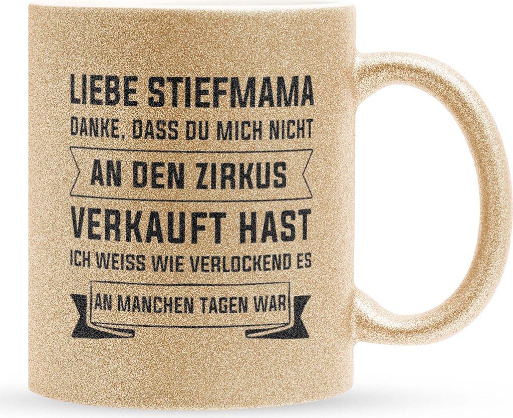 22Feels Glitzertasse Gold Stiefmama Geschenk Muttertag Bonusmama Weihnachten Stiefmutter Geburtstag Kaffeetasse Frauen Haferl Geschenkidee Bürotasse