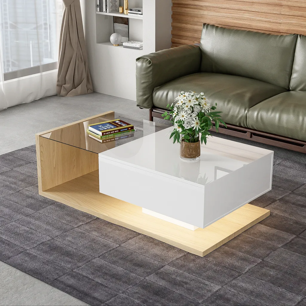 Petite Table Basse Gain de Place avec Rangement et LED pour Salon