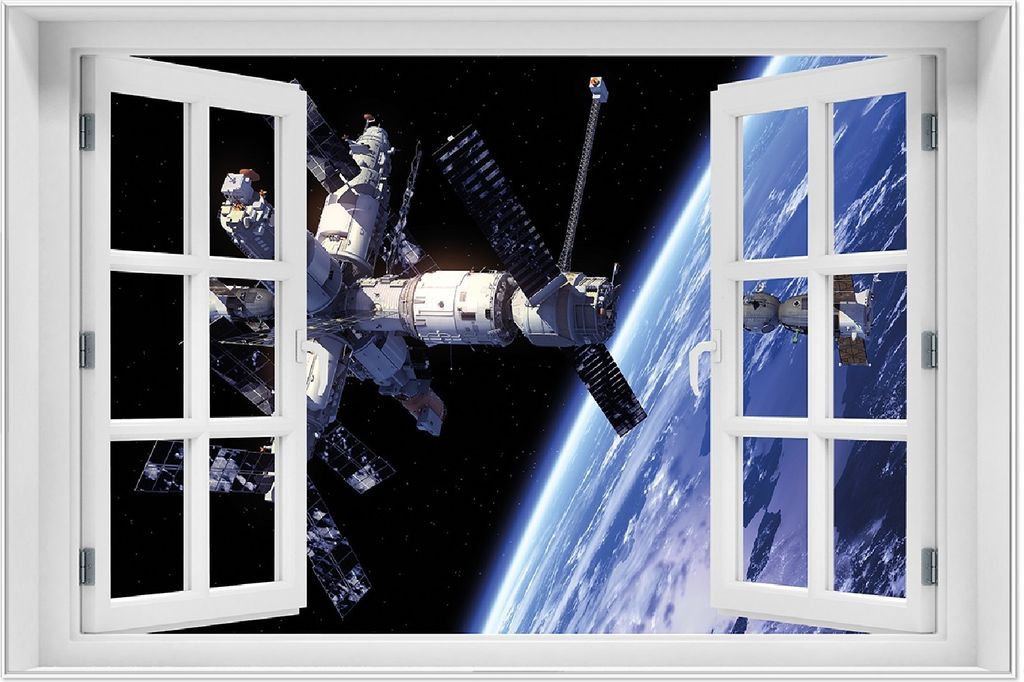 Wallario Wandbild mit Fenster-Illusion: Raumfahrt - Raumstation und Raumschiff im Weltall, Größe: 61 x 91,5 cm, Poster mit weißem Aluminiumrahmen