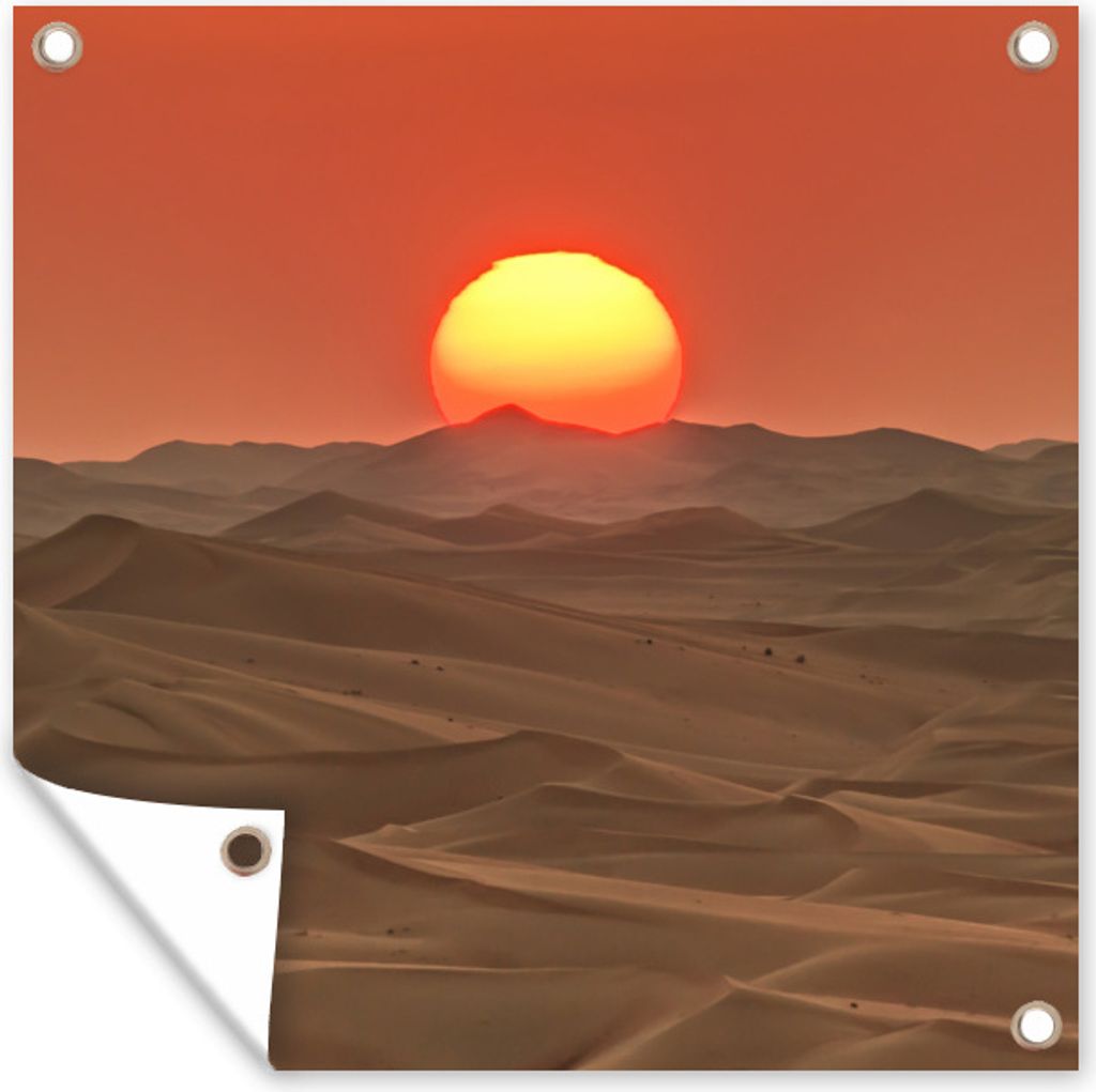 MuchoWow 100x100 cm Outdoor-Poster Gartendeko Sichtschutz Garten Poster für den Garten Ein Sonnenuntergang über Sanddünen in der Wüste
