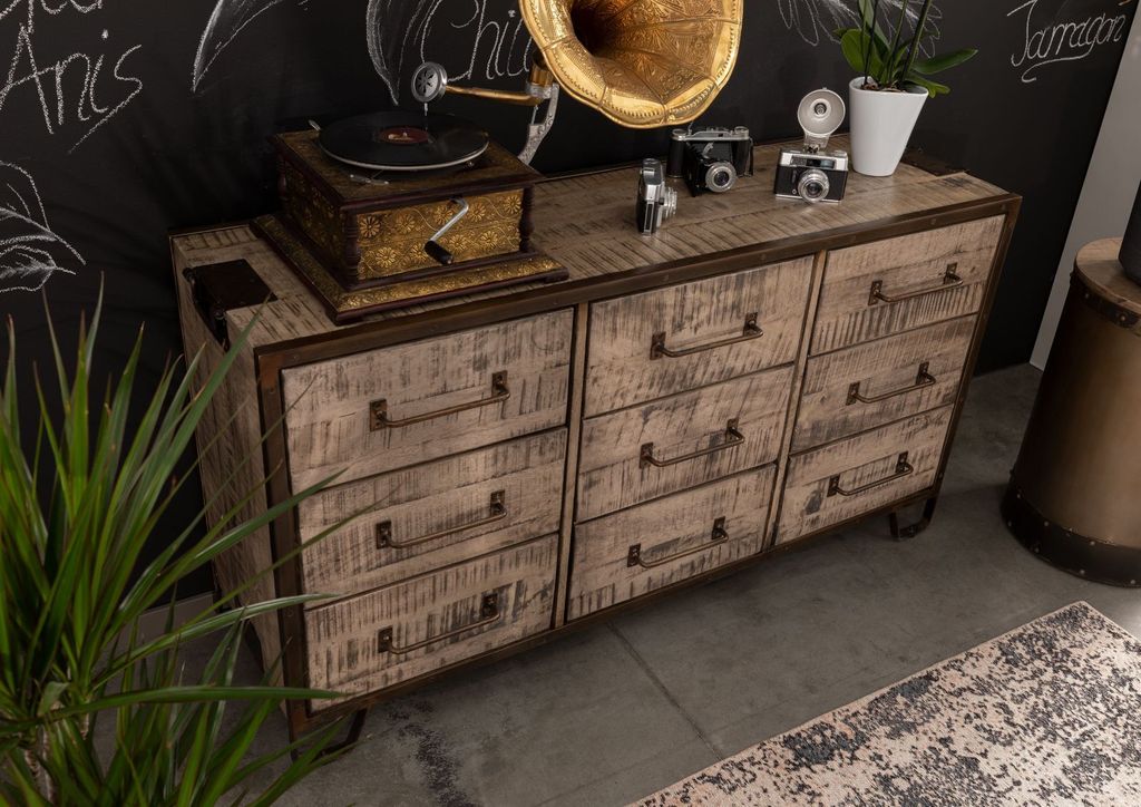MASSIVMOEBEL24 Sideboard Mango 150x45x80 braun lackiert HEAVY INDUSTRY #218