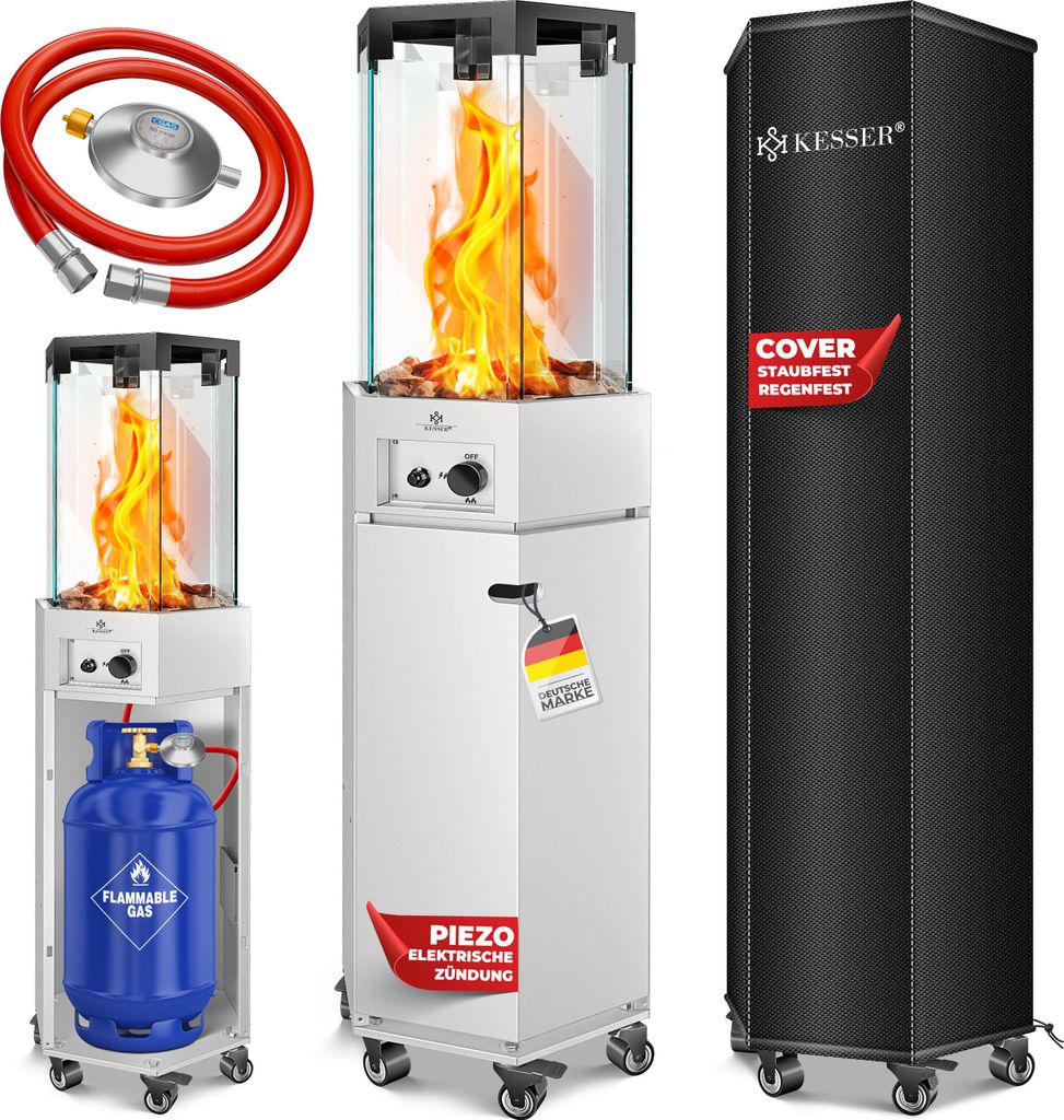 KESSER Gasheizstrahler 4/8 kW Gas Piezozündung Heizung + Gasdruckregler + Cover, 360° Rollen Kippschutz, Terrassenheizstrahler Gasheizung Gashe...