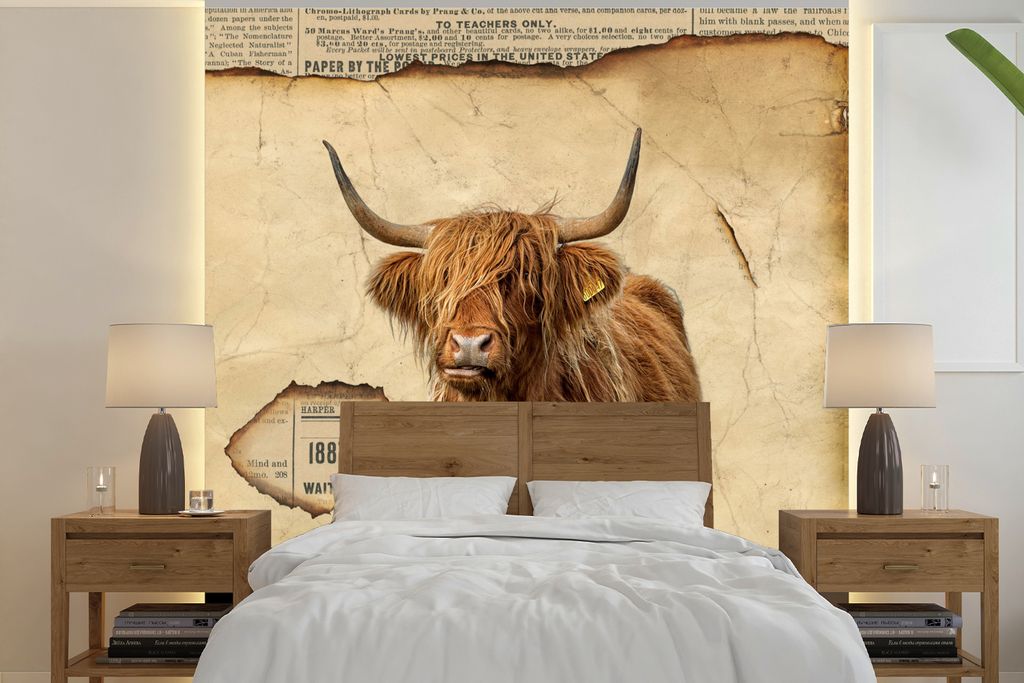 MuchoWow Fototapete für Wohnzimmer oder Schlafzimmer Wandtapete Vinyl Motivtapete Schottischer Highlander - Vintage - Kuh - 240x240 cm - Schlafz...