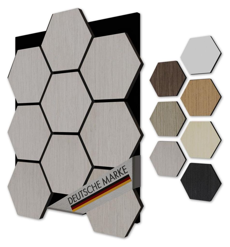 AKUSTIKO Hexagon 3D Wandpaneele 5 Stück 567x693mm - Filz Akustikpaneele & MDF Träger Technisches Furnier Holzoptik Waben Wandverkleidung & Wandde...