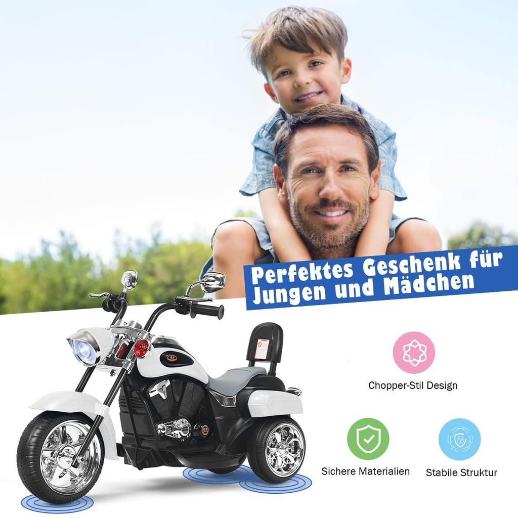 6 V Elektrische Motorfiets voor Kinderen met Verstelbare Koplamp Driewieler met Claxon Achteruitkijkspiegel Pedalen 2,5-3 km/u Rood Zwart - Costway