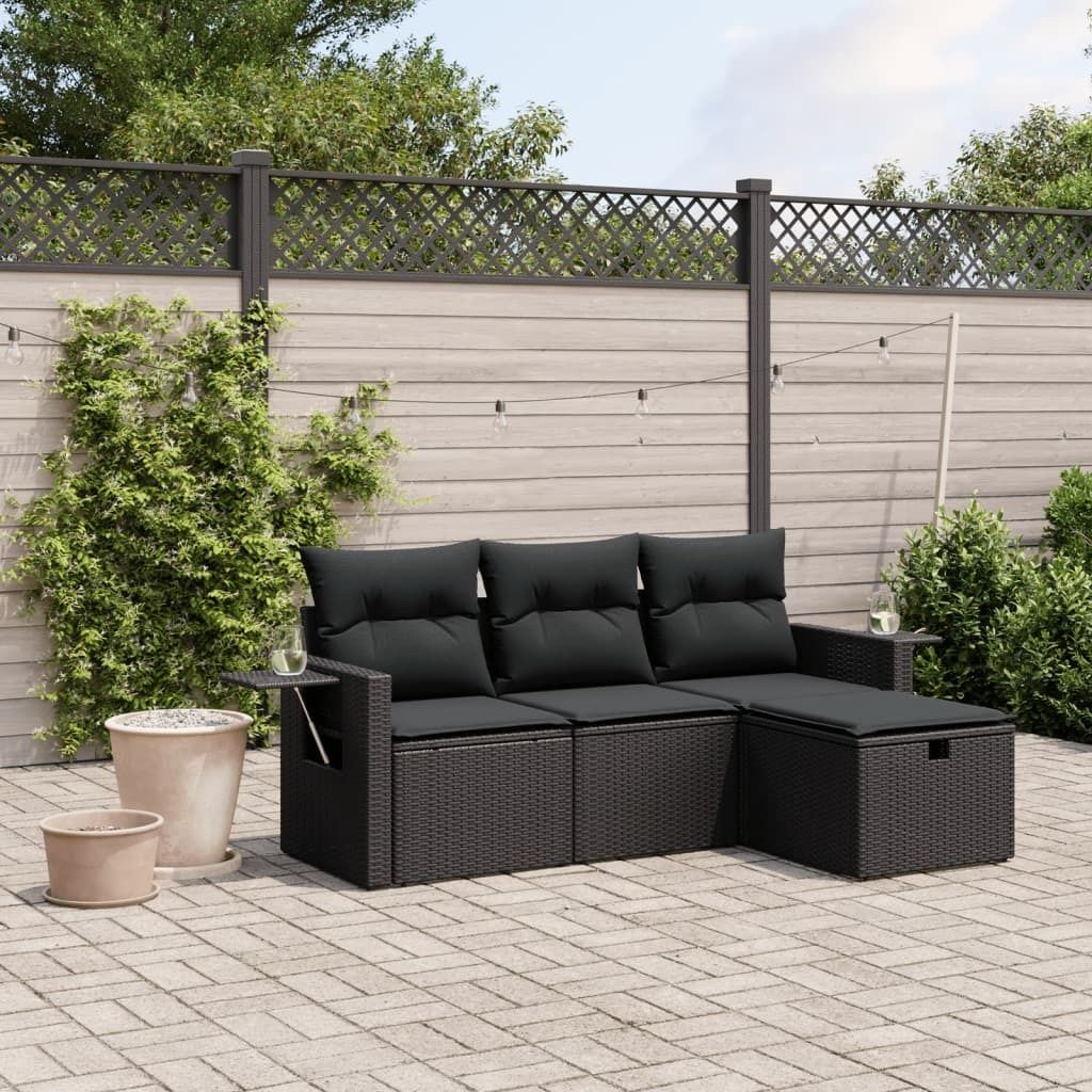 Design 4-tlg. Garten-Sofagarnitur mit Kissen Schwarz Poly Rattan, Gartenmöbel-Sets 2024 Neu