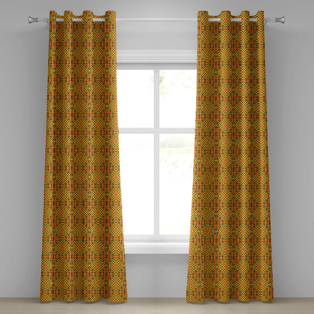 ABAKUHAUS Tenda con occhielli motivo Kente, motivo diagonale in colori caldi e piccoli triangoli, tende decorative a 2 pannelli per finestre, 280 cm x 225 cm, terra giallo vermiglio