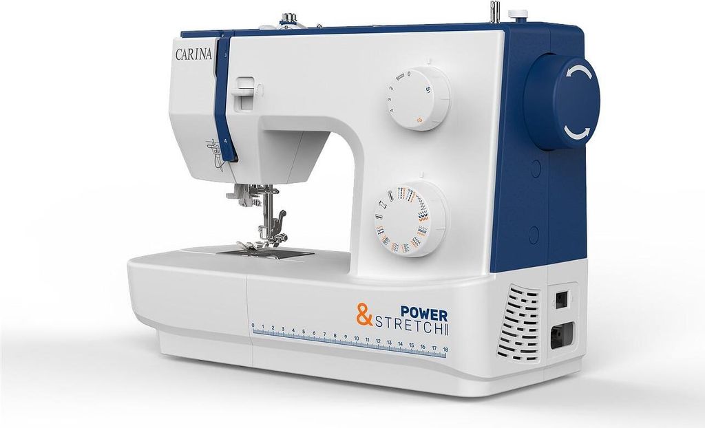 A white and blue CARINA sewing machine is shown from a three-quarter front angle against a white background.