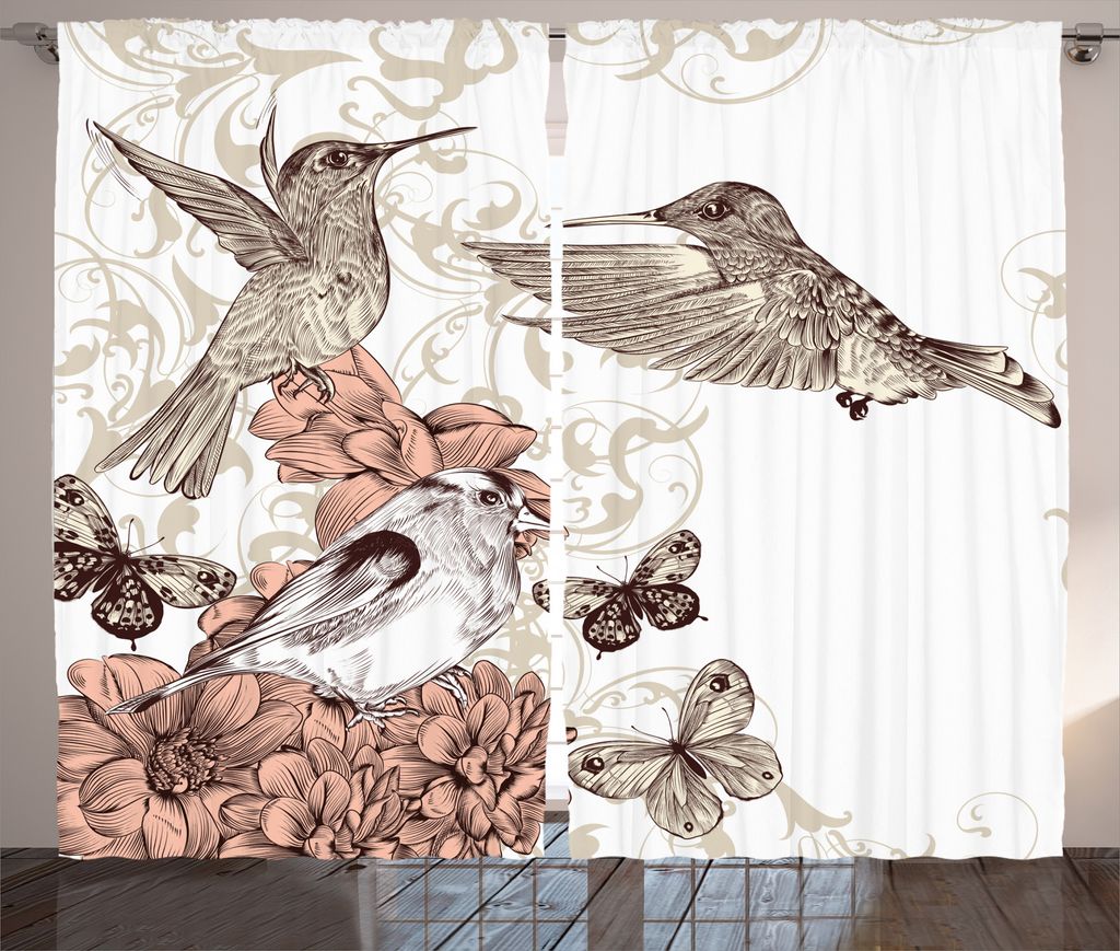 ABAKUHAUS Jahrgang Rustikaler Vorhang, Vögel Schmetterlinge Kunst, Wohnzimmer Universalband Gardinen mit Schlaufen und Haken, 280 x 225 cm, Braune...