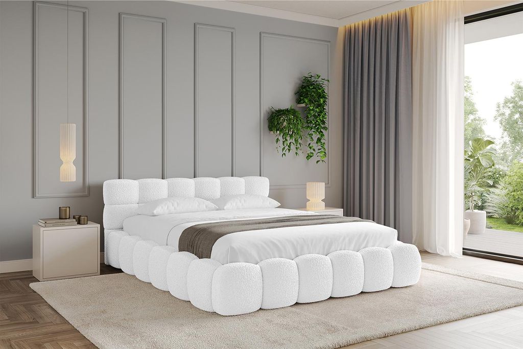 ALTDECOR Polsterbett mit Matratze H3/H4 und Bettkasten LEYA v1 - 200x200 Weiß - Bett mit Lattenrost, Kopfteil, Boxbett, Doppelbett mit Stauraum