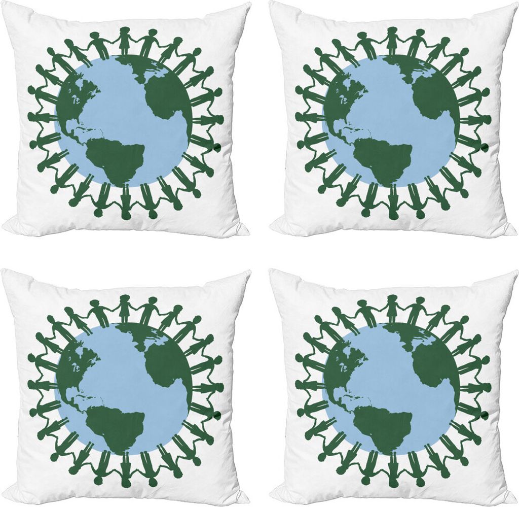 ABAKUHAUS Tag der Erde Kissenbezug Set (4 Stück), Kinder Hände halten, Moderner Doppelseitiger Digitaldruck, 60 cm x 60 cm, Sky Blue Grün