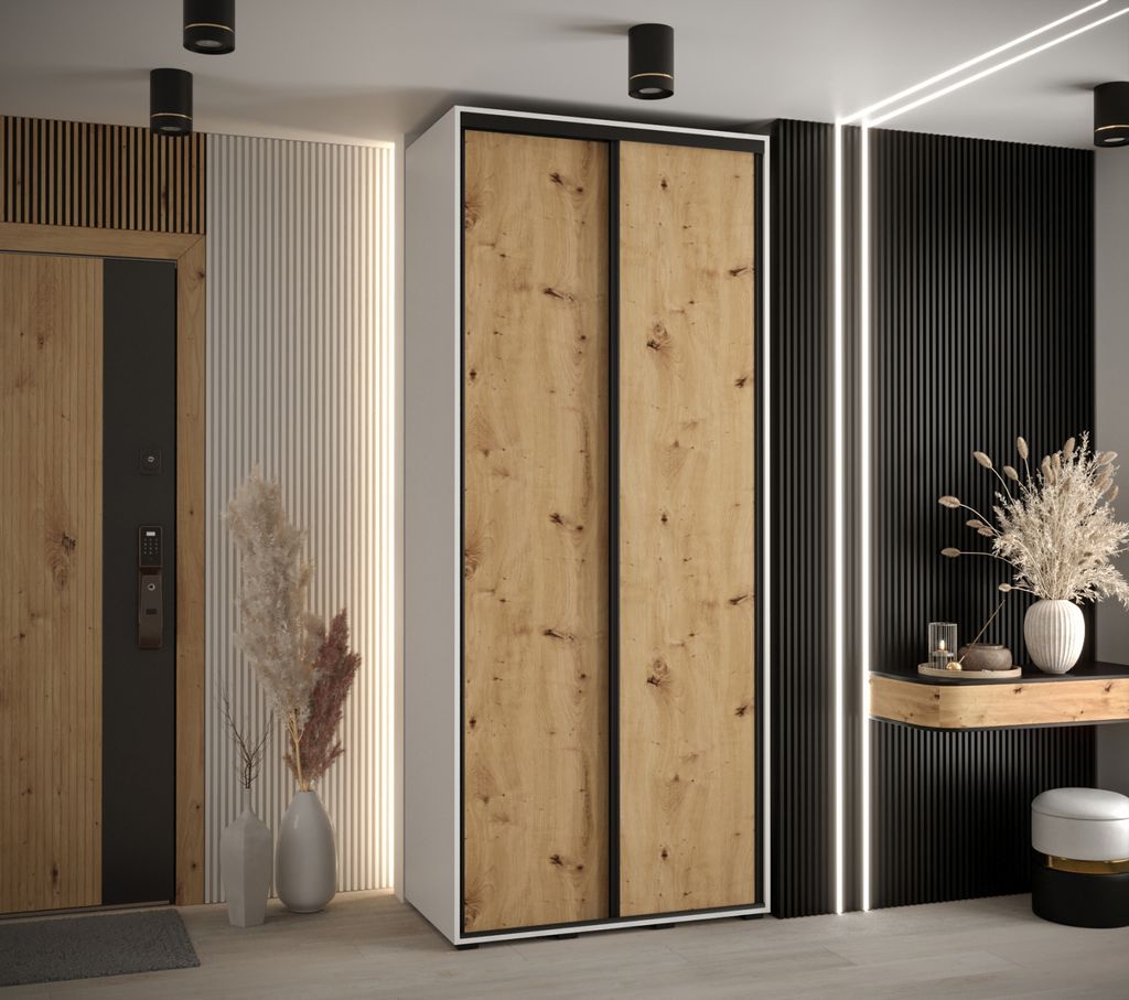 Kleiderschrank ASIRI 1 – 120/45 cm, weiß/Eiche handwerklich/schwarz