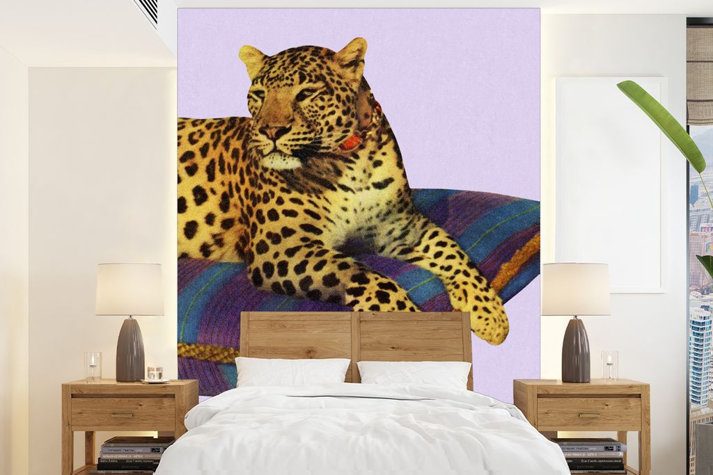 MuchoWow Fototapete für Wohnzimmer oder Schlafzimmer Wandtapete Vinyl Motivtapete Eine Illustration eines Leoparden auf einem Kopfkissen - 165x2...