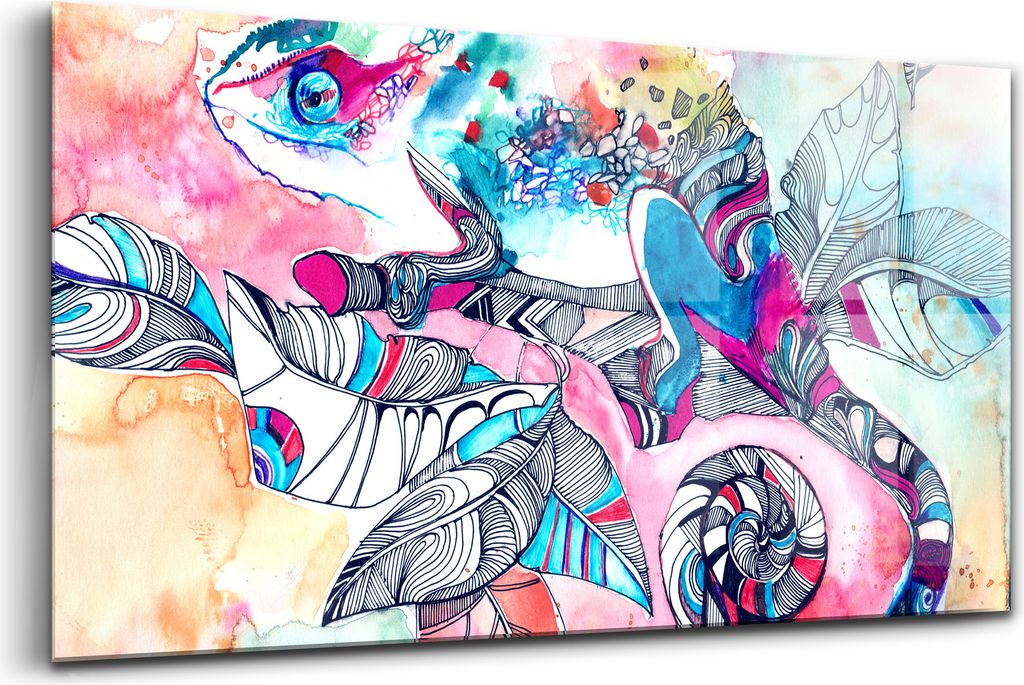 120x60 - Wandmalerei auf Glas- Wanddekoration aus Glas - Chamäleon auf einem Ast