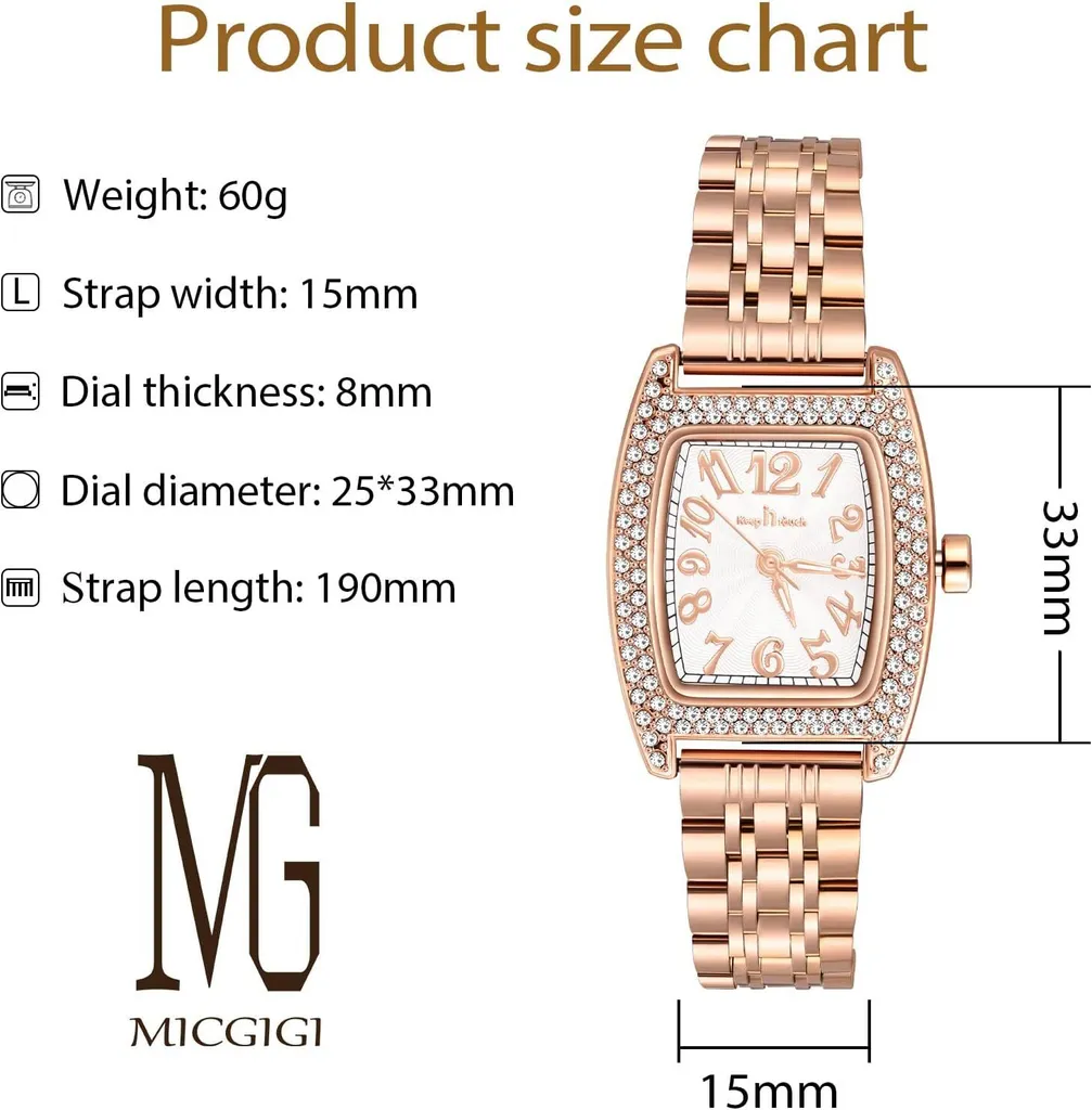 MICGIGI orologio da polso al quarzo da donna, orologio analogico rettangolare con finiture in pietra, quadrante casual, orologio da polso in acciaio inossidabile per l'eleganza di tutti i giorni - 7