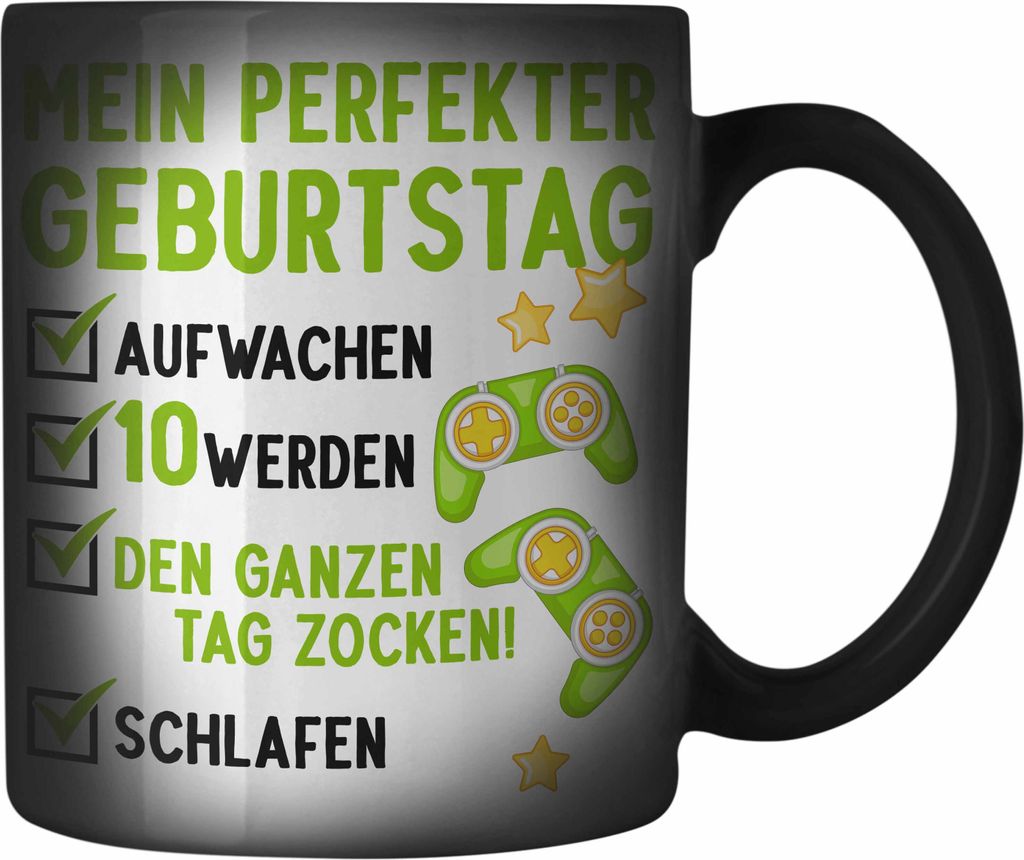 Trendation - 10 Geburtstag Junge Jungen Geschenke Farbwechsel Zauber-Tasse 10er Geburtstagsgeschenk Gamer 10 Jahre (Schwarz)