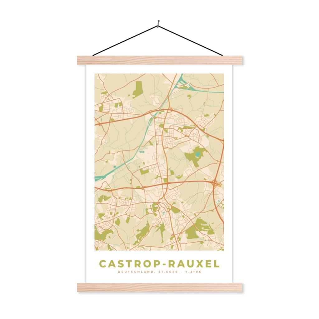 MuchoWow Textilposter Karte - Castrop-Rauxel - Karte - Stadtplan - Vintage 40x60 cm mit holzfarbenen Rahmen - Poster