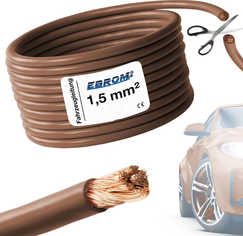 5 Meter EBROM FLRY 1,5mm2 Fahrzeugleitung - KFZ Leitung - Farbe: braun - Querschnitt 1,5 mm² (mm2) flexibel 90 ± 5 Shore 99,99% Kupfer Mantel PVC...