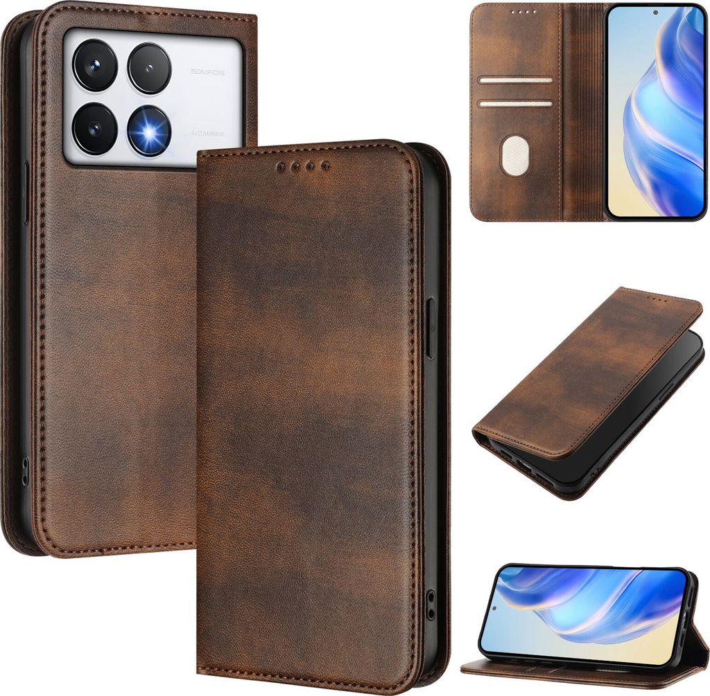 Handyhülle für Xiaomi Poco F6 Pro/Redmi K70/K70 Pro, Vintage Leder RFID Schutz Kartenfach Standfunktion Magnetische Klapphülle Braun