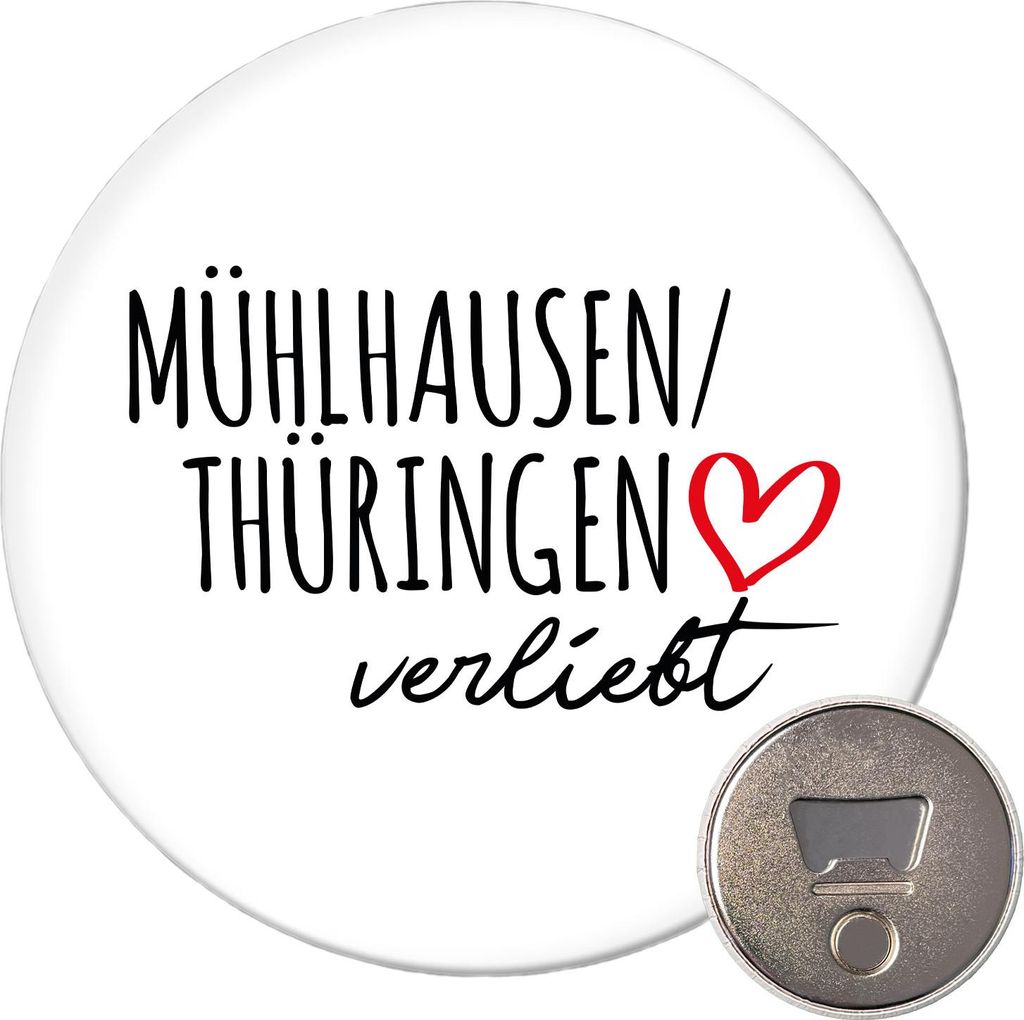 Huuraa Magnet Mühlhausen/Thüringen verliebt 59mm Kühlschrankmagnet rund Flaschenöffner Geschenkidee