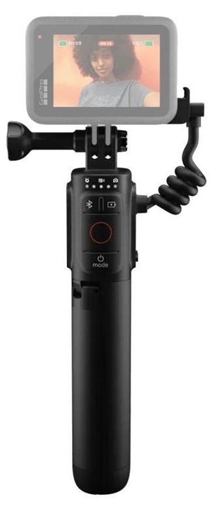 A GoPro camera is mounted on a black selfie stick with a coiled cable.
