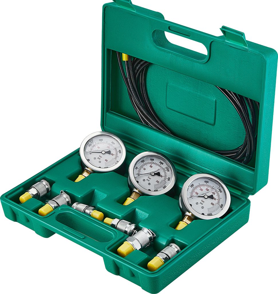 SucceBuy Hydraulikdruck-Testset, 250/400/600 bar, 3 Messgeräte, 6 Prüfkupplungen, 3 Prüfschläuche, Bagger-Hydraulikmessgeräte-Set mit tragbare...
