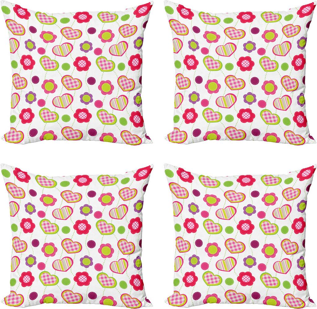ABAKUHAUS Blume Kissenbezug Set (4 Stück), Blumen-Herz-Shapes, Moderner Doppelseitiger Digitaldruck, 50 cm x 50 cm, Lime Lila, Rot,