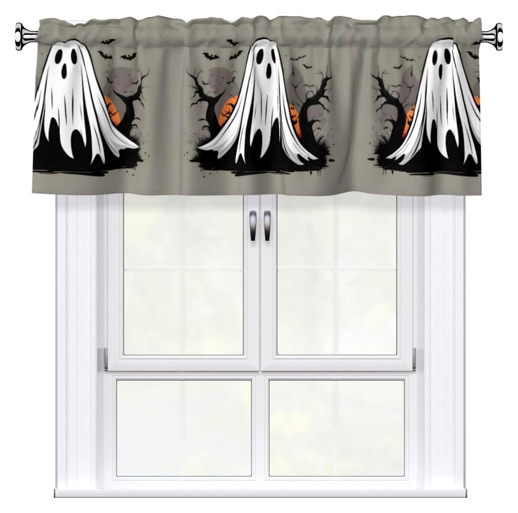 Halloween-Vorhang mit Geisterdesign, kurze Stange, 137,2 x 45,7 cm, für Küchenfenster, Badezimmer, Waschküche und Studios