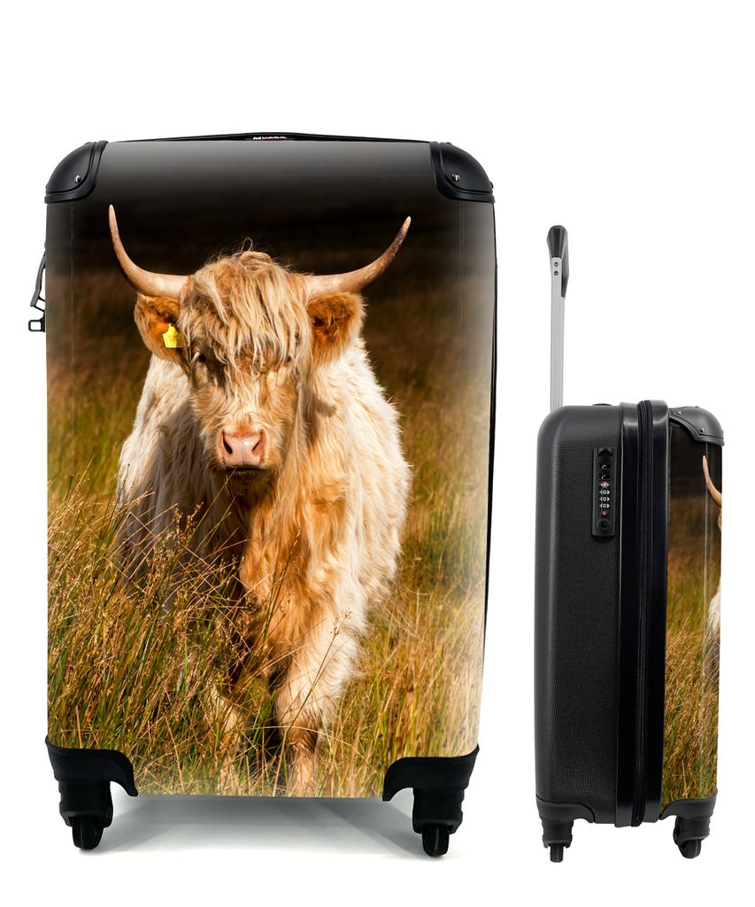 MuchoWow Koffer Handgepäck Trolley Rollkoffer Kleine Reisekoffer mit 4 Rollen - Schottischer Highlander - Leicht - Gras - Cabin Size < 55x40x23 ...