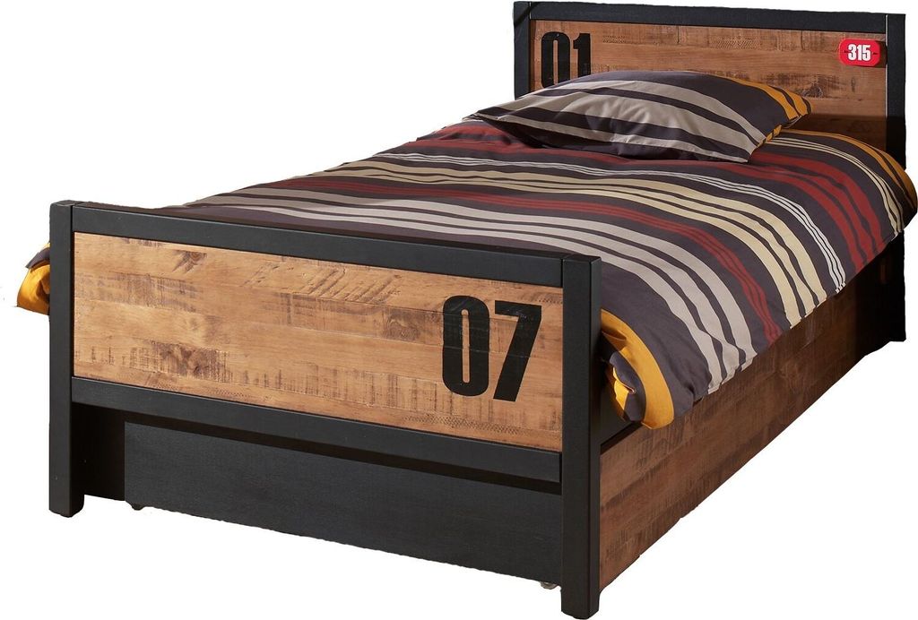 Einzelbett Kameko 209x97x75 Massivholz+MDF Schwarz/Natur