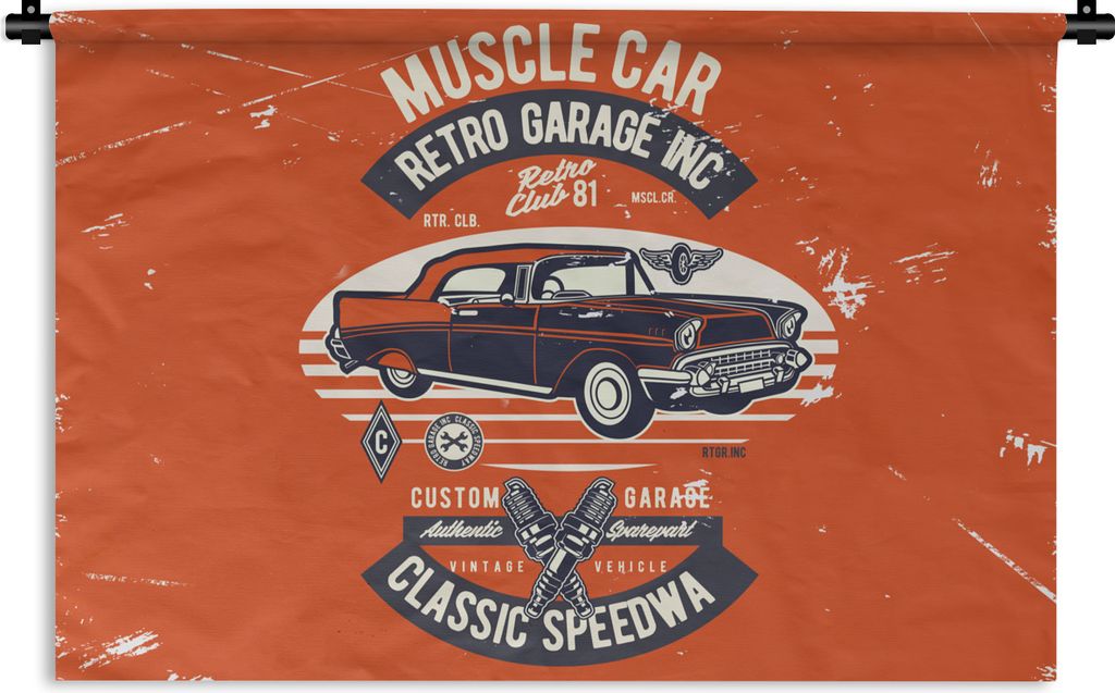 MuchoWow Wandteppich Wandbehang Auto - Orange - Oldtimer - Zitat 90x60 cm Tapisserie Dekoration Wandtuch - Wandskulpturen - Bildteppich