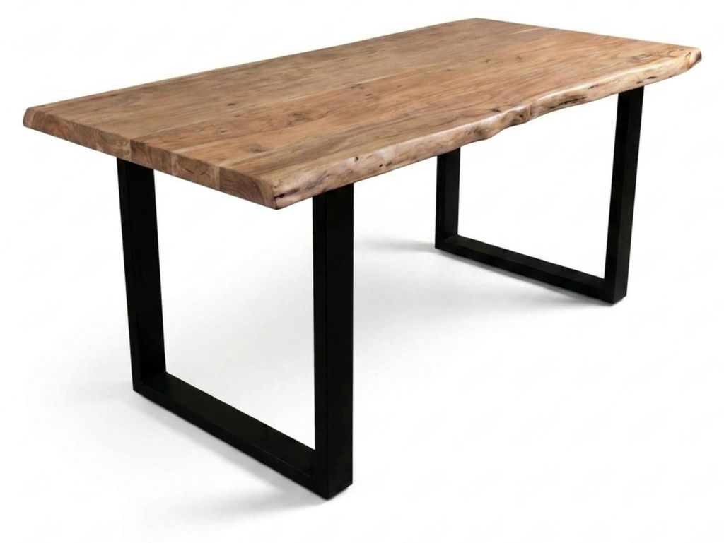 Baumkantentisch Cali 220 x 100 cm, Akazienholz massiv naturfarben, 50 mm Tischplatte, Esstisch mit U-Metallgestell Schwarz, Industrial-Design