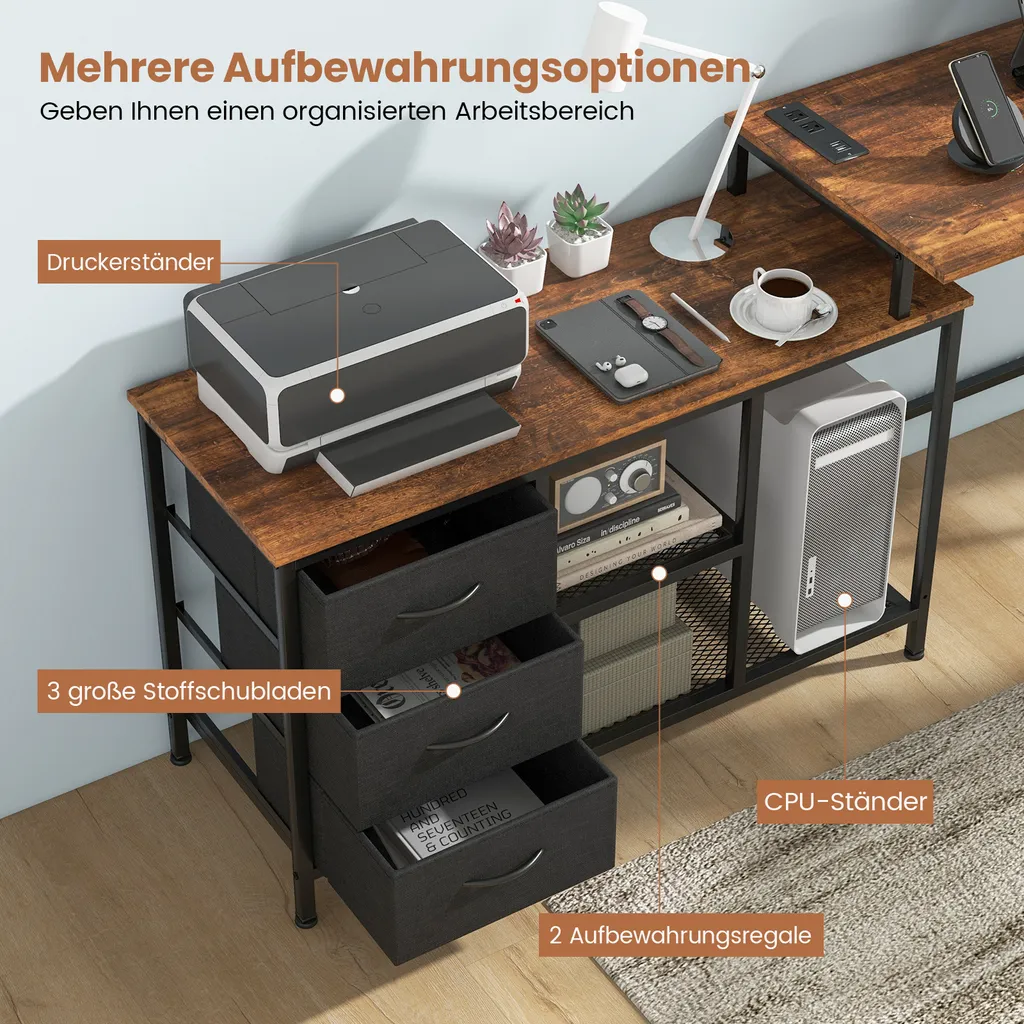 Bureau d'angle réversible 205cm : Solution rangement + Prises 3 tiroirs - 4